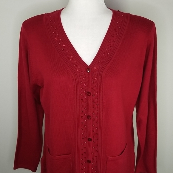 LA Madona Women's Sweater Size M Button Up Cardigan With Sequins & Beads - Picture 2 of 6